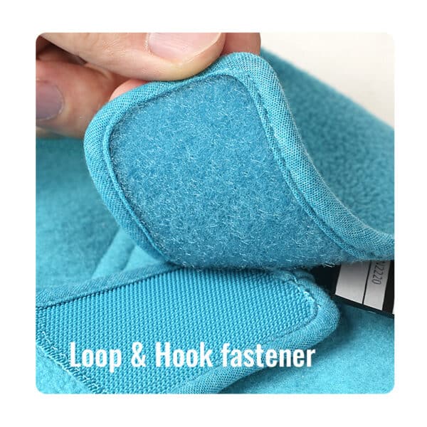 Close-up view of the Truelove TLG2522 dog jacket showing durable loop and hook fastener in cerulean blue polar fleece fabric.