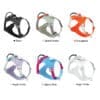 Six Truelove TLH6771 LED Dog Harnesses with GPS Tracker are shown in black, sprout green, orangeade, regal orchid, Algiers blue, and bright white. Each features a buckle, adjustable straps, tag, and built-in LED lights for safety.