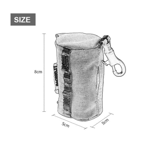 A compact cylindrical pouch with zipper, clip, and MOLLE webbing—ideal for organizing essentials in your Truelove TLB2012 Waterproof Multi-Use Pet Carrier. Dimensions: 8 cm high, 5 cm wide/deep. "SIZE" shown in a gray box at the top left.