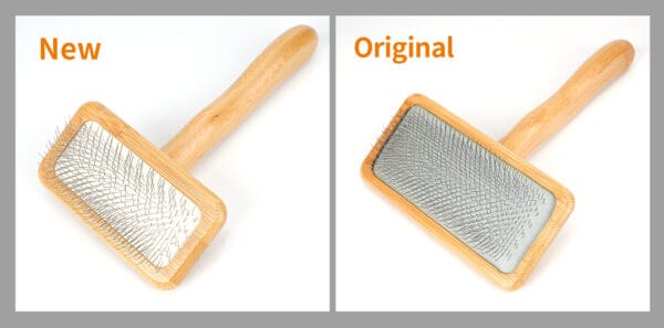 Side-by-side comparison of two Truelove Bamboo Pet Combs: the left one labeled "New" with straight bristles, and the right one labeled "Original" featuring bent, worn bristles.
