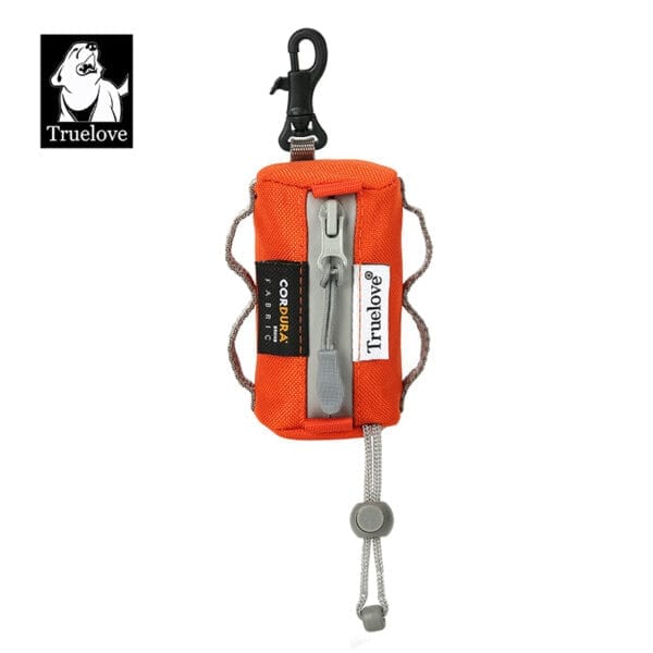 Bright orange Truelove zippered pouch with black clip, gray zipper, and adjustable cord—great for walks. Features logo patch, "Cordura Fabric" tag, and pairs perfectly with the Truelove TLB2012 Waterproof Truelove Multi-Use Pet Carrier.