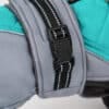 Close-up of a grey and turquoise strap with a black buckle, showing stitching and padding for comfort on the Luxury Polyester Dog Coat - Designer Winter Pet Jacket.