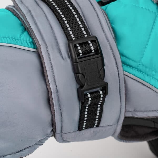 Close-up of a grey and turquoise strap with a black buckle, showing stitching and padding for comfort on the Luxury Polyester Dog Coat - Designer Winter Pet Jacket.