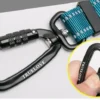Close-up of the Truelove Adjustable Dog Leash - Reflective Nylon & Padded Handle TLL2671, showing a black "TRUELOVE" carabiner on a blue and grey strap. Inset shows fingers twisting the lock for secure fastening.
