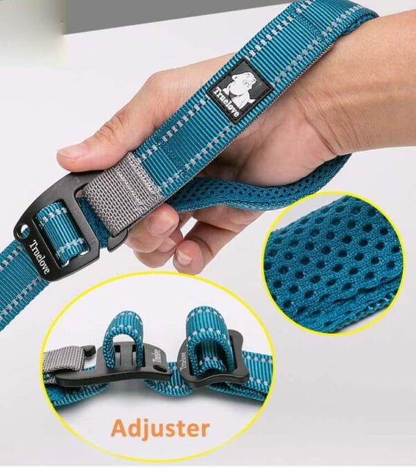 A hand holds the Truelove Adjustable Dog Leash TLL2671, made from reflective nylon with a padded handle. An inset shows the breathable mesh lining and secure adjuster clips for easy size adjustment.