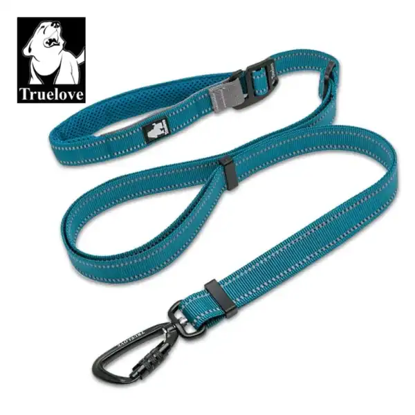 The Truelove Adjustable Dog Leash - Reflective Nylon & Padded Handle TLL2671 is blue, features a padded handle, reflective stitching, a metal clip, and displays the Truelove dog’s head logo in the top left corner.