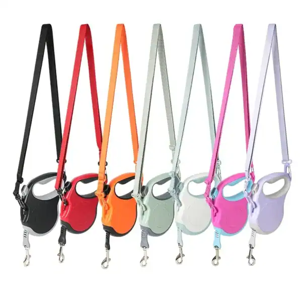 Seven Truelove Adventure 5m Reflective Dog Leash - Hands-Free TLL5001 leashes in black, red, orange, light gray, mint green, pink, and lavender hang vertically, each with a matching strap and metal clip.