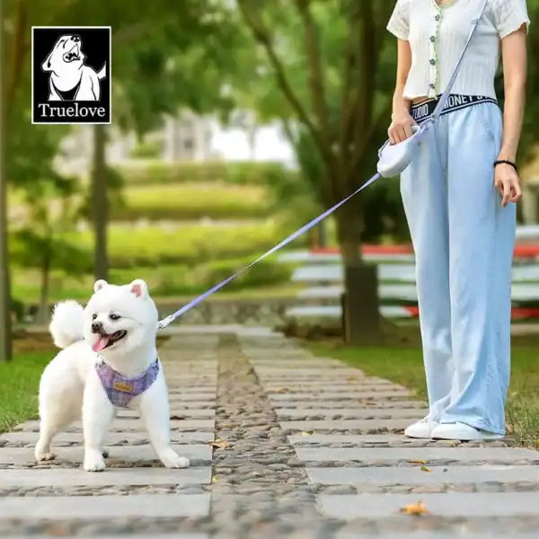 A person walks a fluffy white dog wearing a purple harness on the Truelove Adventure 5m Reflective Dog Leash - Hands-Free TLL5001 along a stone path. The dog looks happy. The Truelove logo appears in the top left corner.