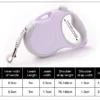 The Truelove Adventure 5m Reflective Dog Leash - Hands-Free TLL5001 in light purple features a retractable design with metal clip, shown above a size chart listing handle width, leash length, width, shoulder strap dimensions, and weight for S and M.