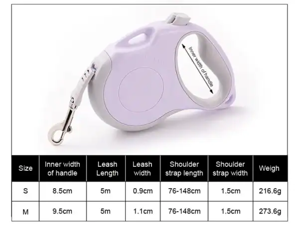 The Truelove Adventure 5m Reflective Dog Leash - Hands-Free TLL5001 in light purple features a retractable design with metal clip, shown above a size chart listing handle width, leash length, width, shoulder strap dimensions, and weight for S and M.