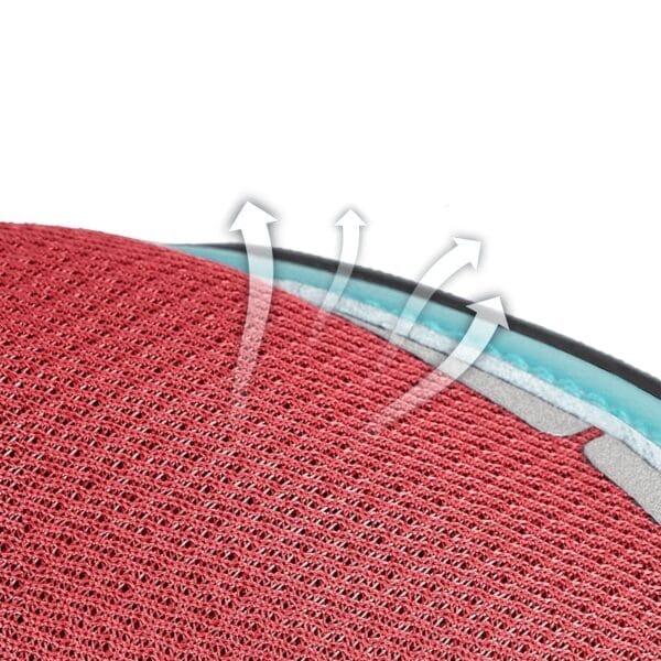 Close-up of red mesh fabric from Truelove Adventure Paw Dog Shoes - Reflective & Anti-Slip Comfort TLS4862, with three white arrows showing upward airflow that illustrates the breathable material.