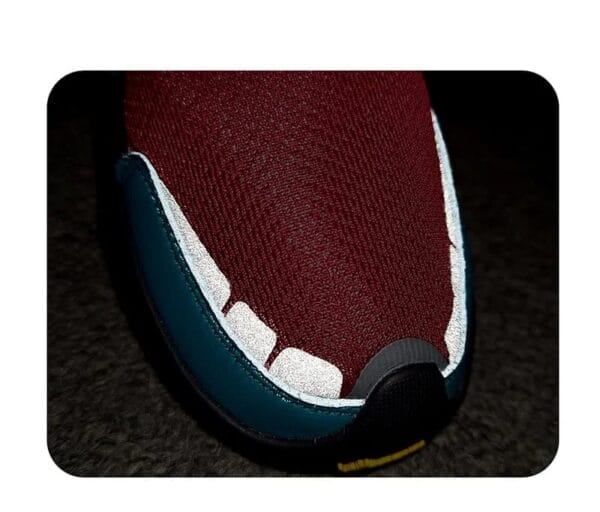 A close-up of a Truelove Adventure Paw Dog Shoe - Reflective & Anti-Slip Comfort TLS4862, featuring toe-shaped design, maroon upper, white toe outlines, and dark sole. The image has rounded corners and a black background.