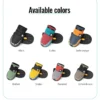 Seven Truelove Adventure Paw Dog Shoes - Reflective & Anti-Slip Comfort TLS4862 are displayed in a row, each in a unique color—black, turquoise, yellow-orange, green, blue-yellow, red-gray, and brown—with English and German labels.