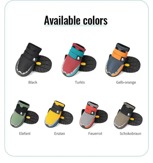 Seven Truelove Adventure Paw Dog Shoes - Reflective & Anti-Slip Comfort TLS4862 are displayed in a row, each in a unique color—black, turquoise, yellow-orange, green, blue-yellow, red-gray, and brown—with English and German labels.