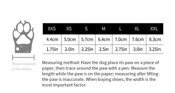 A paw print chart for Truelove Adventure Paw Dog Shoes - Reflective & Anti-Slip Comfort TLS4862 shows dog paw widths by size (XXS to XXL) in cm/inches, with measuring instructions and an illustration of where to measure at the widest point.