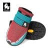 A pair of Truelove Adventure Paw Dog Shoes - Reflective & Anti-Slip Comfort TLS4862 in red and teal, with black rubber soles, a blue strap, the Truelove logo, and a dog illustration on the side.