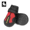 Two black and red Truelove Anti-Slip Dog Shoes with hook & loop closure (TLS3961), non-slip rubber soles, reflective straps, and "Truelove" branding; one shoe stands upright, the other lies on its side to show the sole.
