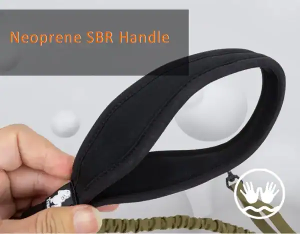 A hand holds a Truelove Durable Bungee Dog Leash - Shock Absorbing TLL2281 with a black neoprene SBR handle. "Neoprene SBR Handle" text and a white two-hands icon appear in the lower right on a light gray, circular-patterned background.