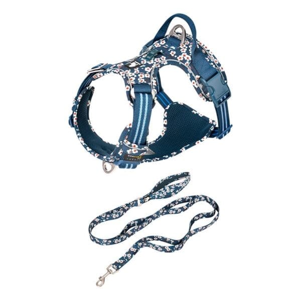 Truelove Easy On Off Dog Harness - Dual D-Rings TLH5656 2 The Truelove Easy On/Off Dog Harness - Dual D-Rings TLH5656 is shown in blue with a white and pink floral pattern, paired with a matching leash, on a plain white background.