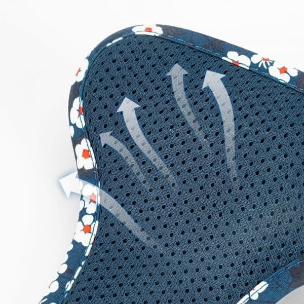 Truelove Easy On Off Dog Harness - Dual D-Rings TLH5656 4 Close-up of the Truelove Easy On/Off Dog Harness - Dual D-Rings TLH5656 in dark blue. Perforated fabric with a floral edge pattern is shown, with white arrows indicating airflow and breathability through the material.