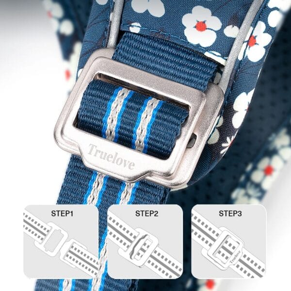 Truelove Easy On Off Dog Harness - Dual D-Rings TLH5656 5 Close-up of a blue floral strap with a "Truelove" metal buckle on the Truelove Easy On/Off Dog Harness - Dual D-Rings TLH5656. Below are three illustrated steps showing how to adjust the strap using the buckle.