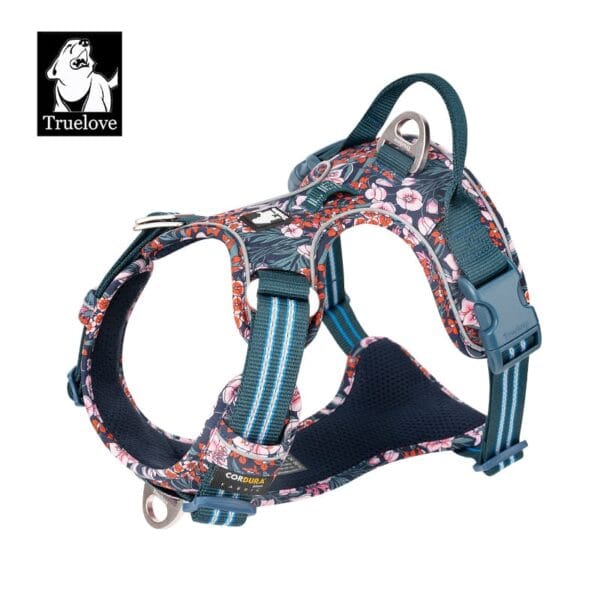 The Truelove Easy On/Off Dog Harness - Dual D-Rings TLH5656 features a floral pattern, sturdy straps, and metal leash rings, displayed on a white background with the "Truelove" label and a black-and-white dog logo in the top left corner.
