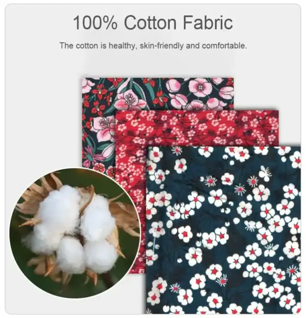 The Truelove Floral Camouflage Dog Collar TLC5273 is shown with three folded pieces of floral-patterned cotton fabric behind a close-up cotton boll, highlighting its healthy, skin-friendly, and comfortable material.