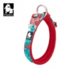 The Truelove Floral Camouflage Dog Collar TLC5273 features a red and blue pattern, sturdy metal ring, plastic buckle, and the Truelove logo with a dog illustration on a sleek black tag.