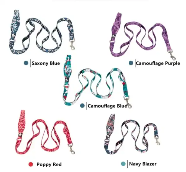Five Truelove Functional Dog Leash with Neoprene Handle TLL3112 leashes are displayed in Saxony Blue (floral), Camouflage Purple, Camouflage Blue, Poppy Red (floral), and Navy Blazer (patterned), each labeled with its name.