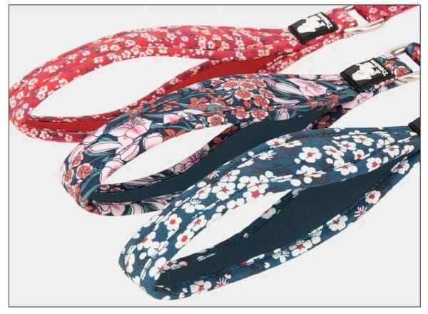Three Truelove Functional Dog Leash with Neoprene Handle TLL3112 leashes are shown: red with white flowers, navy with red and white flowers, and teal with white and red flowers.