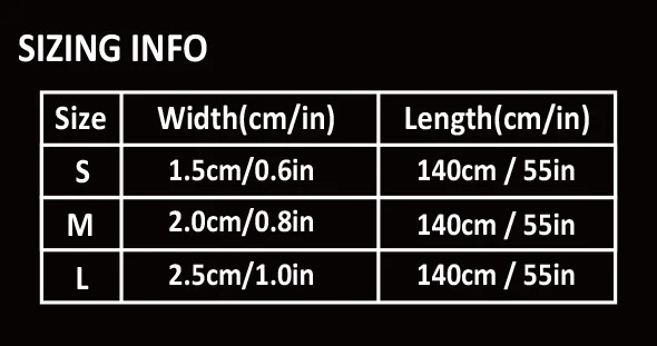 The Truelove Functional Dog Leash with Neoprene Handle TLL3112 size chart: S—1.5cm/0.6in, M—2.0cm/0.8in, L—2.5cm/1.0in widths; all lengths 140cm/55in. Chart features white text on a black background.