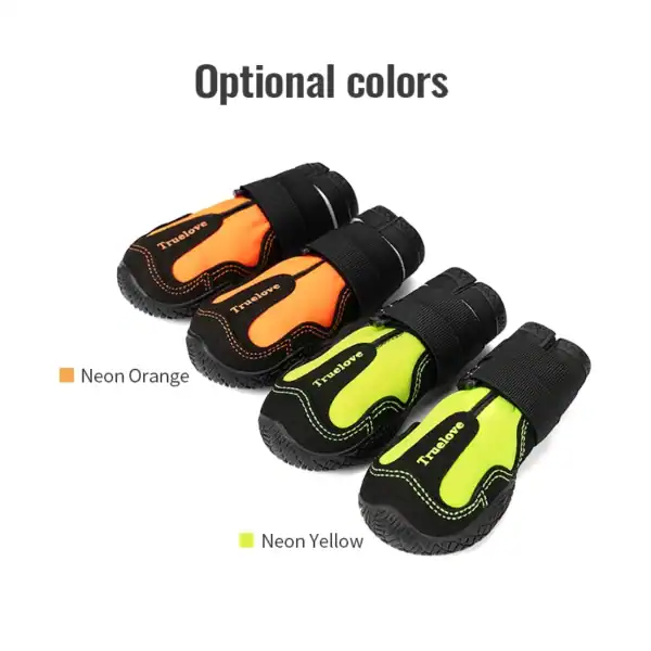 Two pairs of Truelove Outback Boots TLS4861—one neon orange, one neon yellow—have black soles and straps. Each pair is color-labeled, with “Optional colors” noted at the top of the image.