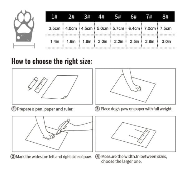 The Truelove Outback Boots - Reflective & Traction for Pets TLS4861 size chart lists eight sizes by paw width (cm/inches) and includes illustrated steps to measure your dog’s paw with paper, pen, and ruler for a perfect fit.
