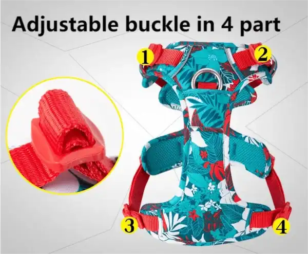 The Truelove Reflective Camouflage Dog Harness TLH5653 features air mesh and aluminum buckles, with four adjustable sections labeled 1–4. An inset highlights a close-up of the red buckle. Text: "Adjustable buckle in 4 part.