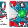 The Truelove Reflective Camouflage Dog Harness TLH5653 features red straps, a blue, white, and green leaf pattern, and a webbing loop for an LED light. Shown with a glowing green LED light attached.