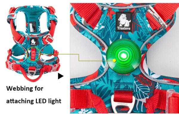 The Truelove Reflective Camouflage Dog Harness TLH5653 features red straps, a blue, white, and green leaf pattern, and a webbing loop for an LED light. Shown with a glowing green LED light attached.
