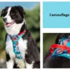 A black and white dog wears the Truelove Reflective Camouflage Dog Harness TLH5653 in turquoise with a floral pattern and red straps. Close-up shows the harness and a "Camouflage blue" color sample.