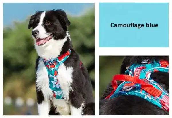 A black and white dog wears the Truelove Reflective Camouflage Dog Harness TLH5653 in turquoise with a floral pattern and red straps. Close-up shows the harness and a "Camouflage blue" color sample.