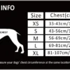 Truelove Reflective Camouflage Dog Harness TLH5653 size chart: XS 33-43cm/13-17in, S 43-56cm/17-22in, M 56-69cm/22-27in, L 69-81cm/27-32in, XL 81-107cm/32-42in chest. Diagram shows where to measure your dog's chest.