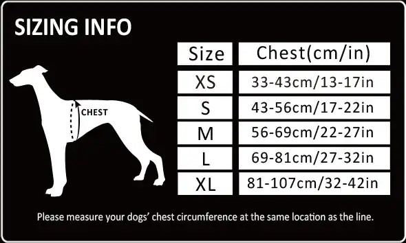 Truelove Reflective Camouflage Dog Harness TLH5653 size chart: XS 33-43cm/13-17in, S 43-56cm/17-22in, M 56-69cm/22-27in, L 69-81cm/27-32in, XL 81-107cm/32-42in chest. Diagram shows where to measure your dog's chest.