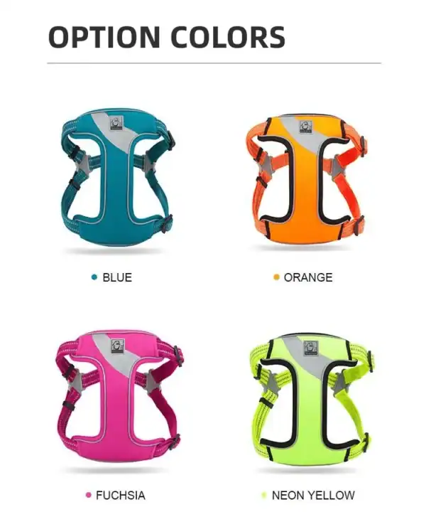 Four Truelove Reflective Chest Harnesses - 3M Snap Buckle TLH5991 are shown in blue, orange, fuchsia, and neon yellow, each labeled by color beneath the harness. The image title reads "Option Colors.