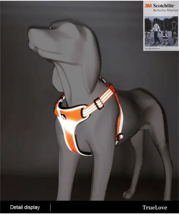 A gray dog mannequin wears a Truelove Reflective Chest Harness - 3M Snap Buckle TLH5991 in orange and white. An inset shows a close-up of the reflective material. The bottom text reads "Detail display" and "TrueLove.
