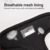 Close-up of the Truelove Reflective Chest Harness TLH5991's black mesh fabric and label, showing breathability with white puffs. Text: "Sandwich mesh lining is soft, comfortable, and breathable.