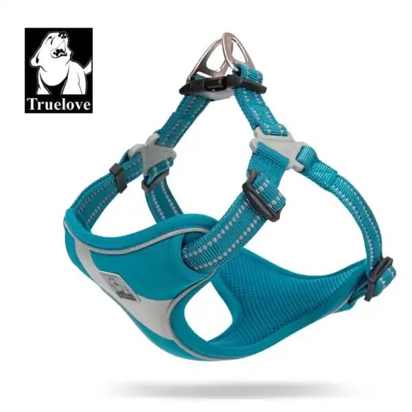 The Truelove Reflective Chest Harness - 3M Snap Buckle TLH5991 is a teal and gray adjustable dog harness with reflective stitching, metal ring, and buckle closure. The "Truelove" logo with a dog's face appears in the top left corner.