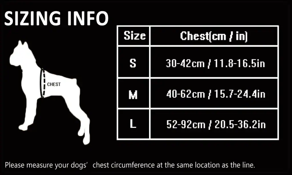 Sizing chart for the Truelove Reflective Chest Harness - 3M Snap Buckle TLH5991: S (30-42 cm chest), M (40-62 cm), L (52-92 cm). Includes dog silhouette showing chest measurement location.