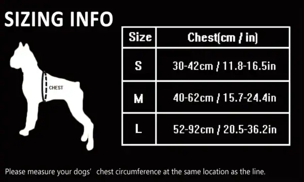 Sizing chart for the Truelove Reflective Chest Harness - 3M Snap Buckle TLH5991: S (30-42 cm chest), M (40-62 cm), L (52-92 cm). Includes dog silhouette showing chest measurement location.