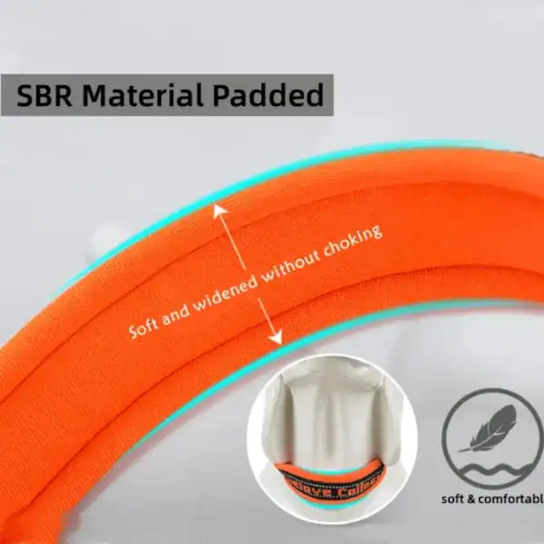 Truelove Reflective Padded Pet Collar - Neoprene Comfort TLC50121 4 Close-up of the Truelove Reflective Padded Pet Collar - Neoprene Comfort TLC50121 shows its orange padded neoprene strap. Inset image displays the collar on a dog's neck, labeled "soft and widened without choking"; feather icon indicates comfort.