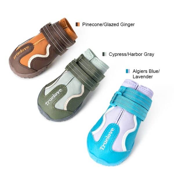 Three Truelove Waterproof Outdoor Pet Shoes - Reflective Strap TLS3963 in Pinecone/Glazed Ginger, Cypress/Harbor Gray, and Algiers Blue/Lavender are side by side, each with a Velcro strap and the "Truelove" branding.
