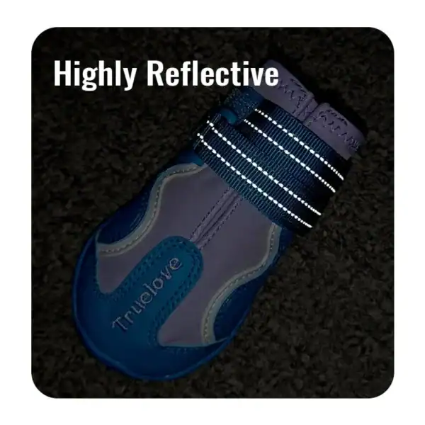 A Truelove Waterproof Outdoor Pet Shoe - Reflective Strap TLS3963 in blue and gray is shown on a dark surface, featuring the "Truelove" logo and "Highly Reflective" text at the top left corner.