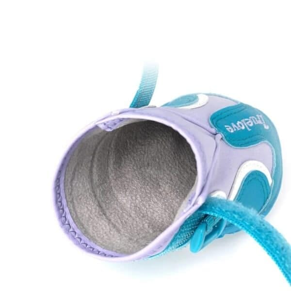Close-up of the inside of a small, soft, purple and teal Truelove Waterproof Outdoor Pet Shoe - Reflective Strap TLS3963 with gray lining, open entry, and blue lace, viewed from above.
